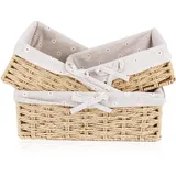 Brotkorb 3er Set mit Baumwolleinsatz | Eckige Brotkörbchen aus Seegras | Geflochtener Korb | Aufbewahrungskorb aus stabilem Metalluntergestell | Brötchenkorb Scandi Style | Deko-Korb Aufbewahrungskorb