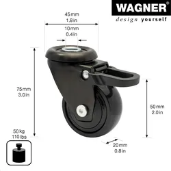 WAGNER 360° - 3C Lenkrolle, schwarz, soft, Rückenloch, Bremse, für TENO System, Ø 50 mm, Tragkraft 50 kg - 01335201