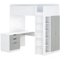 Shefa Kids Hochbett Mit Schreibtisch - Platzsparendes 5-in-1 Hochbett Kinder Mit Treppe, Kleiderschrank, Regal & Arbeitsbereich - Grau, Belastbar Bis 90 Kg, Maße: 206 x 107 cm