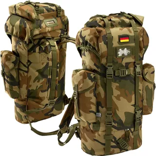 BWuM Bundeswehr Kampfrucksack 65L + Patch & Flagge (Woodland) - 65 L