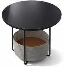 Relaxdays Beistelltisch, runder Couchtisch, mit Stoffkorb, HD 50x45cm, Kaffeetisch Wohnzimmer, MDF, Metall, schwarz-grau
