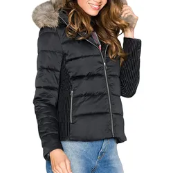 Damen Übergangs-Jacke nachhaltige Stepp-Jacke mit Fellrand-Kapuze Puffer-Jacke 979144 Schwarz - 32