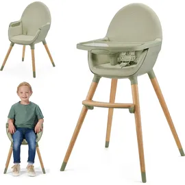 Kinderkraft Hochstuhl FINI2 2 in 1, Kinderhochstuhl, Babystuhl, Kombihochstuhl, Beine aus Holz, Sicherheitsgurte, Fußstütze, Doppeltablett, ab 6 Monate bis 5 Jahre, 5 Punkt Gurte, Grün