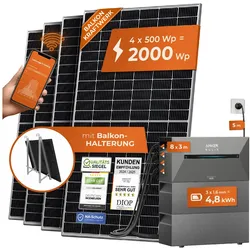 Solarway® All In One Balkonkraftwerk mit Speicher 2000W komplett Steckdose - 4,8 kWh Anker Solix 2 PRO Speicher - Solaranlage Komplettset - 500W Solarmodule & Anker Speicher & Zubehör