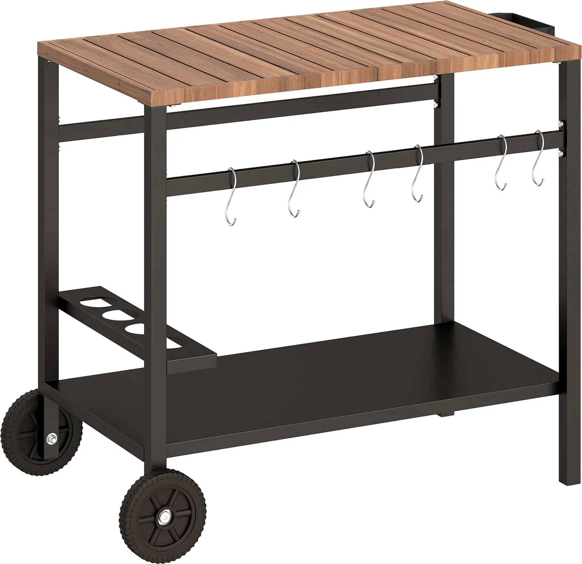 Outsunny Küchenwagen mit Rollen, Servierwagen, Rollwagen mit Haken, Getränkehalter, Küchenhilfe, BBQ Grilltisch aus Metall Küchentrolley, 97 x 51 x 83 cm Schwarz+Braun   Aosom