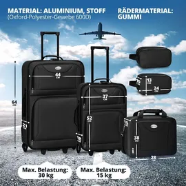 Juskys Trolley Reisekoffer Set 5 teilig - 60 L, 2 Rollen, Weichschale, Handgepäck, Schwarz