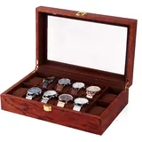 Fyssnn 6/10/12 Schlitze Holz Uhrenbox Uhrenkasten Rosenholz Maserung Massive hölzerne Uhrenbox Uhrenvitrine Ideal zum Ausstellen und Aufbewahren von Uhren (12 Schlitze)