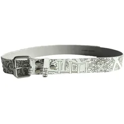 HIM Rockband Gürtel mit stylischem Muster Echtleder-Gürtel Fan-Artikel BT106248HIM4 Weiß/Schwarz - L