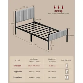 VASAGLE Polsterbett 90 x 200 cm Grau
