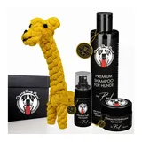 CrazyDogPaul Tiershampoo Geschenk für Hunde - Fellpflege Geschenkbox mit Hundespielzeug-Giraffe, (1 x Hundeshampoo, 1 x Fellpflegespray, 1 x Pfotenbalsam, 1 x Spielzeug, 4-St)