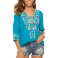 drakloak Bluse Stickerei Damen Boho Oberteile Tunika Folklore Hippie Blusen Bohemian Kleidung(054 BL L) - L