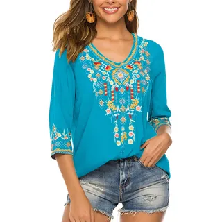 drakloak Bluse Stickerei Damen Boho Oberteile Tunika Folklore Hippie Blusen Bohemian Kleidung(054 BL L) - L