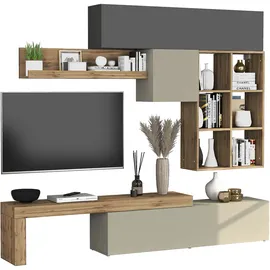 OTTO home Wohnwand OTTO HOME "Chronos Wohnwand, Medienwand, 5-er set", grau (anthrazit, taube, eiche wotan), B:270cm, Holzwerkstoff, Kastenmöbel-Sets, Wohnwand, ca. 270 cm mit Hängeschränke, Würfel, Regal, Lowboard, Made in Italy