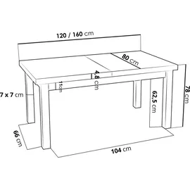 WFL GROUP Moderner Rechteckiger Ausziehbarer Esstisch - Platzsparend - Weiße Holzbeine - 120 bis 160 cm - Hergestellt in EU - 120 x 80 cm - Grau Beton - Grau