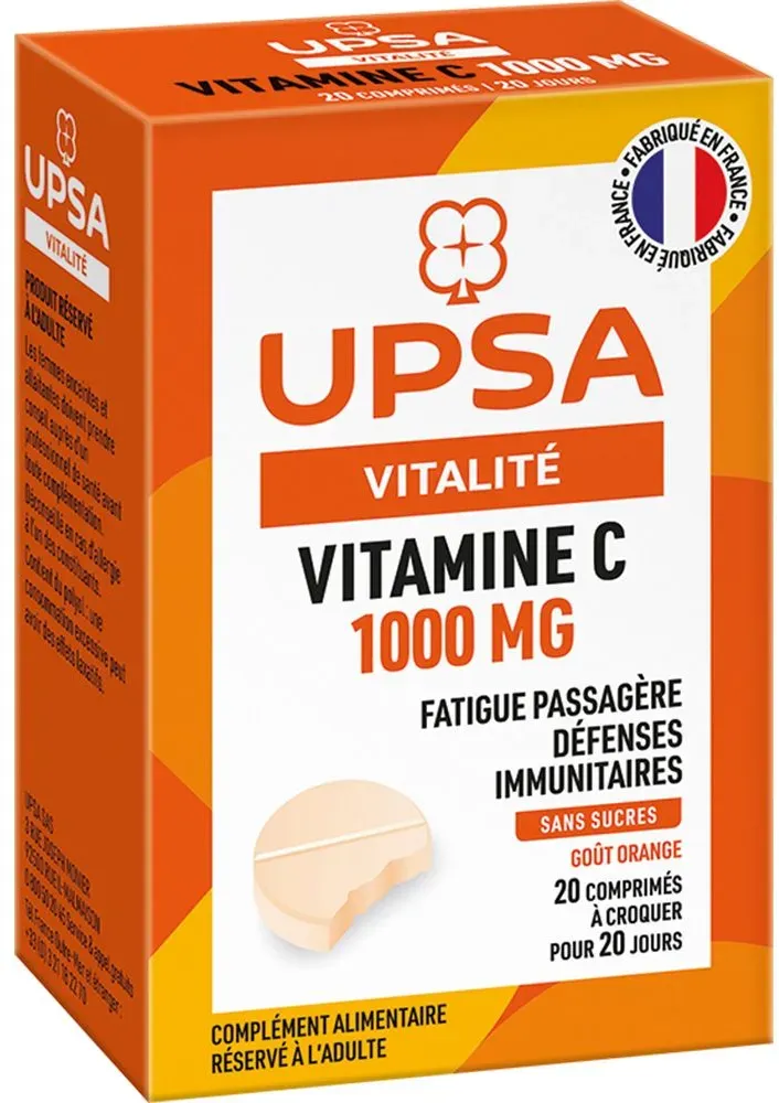 Vitamine C UPSA 1000 mg - 20 comprimés effervescents - Adulte - Complément alimentaire, goût orange - Fatigue passagère et défenses immunitaires 20 pc(s) comprimé(s)