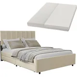 Juskys Samt Polsterbett Soria 140x200 cm mit Matratze, Lattenrost & Schubladen - Bett Beige