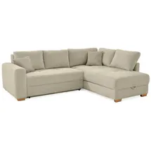 luma-home Dauerschlaf-Ecksofa Boxspring Federkern-Couch Topper Bettkasten, Cord Beige Grau / 15212