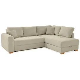 luma-home Dauerschlaf-Ecksofa Boxspring Federkern-Couch Topper Bettkasten, Cord Beige Grau / 15212