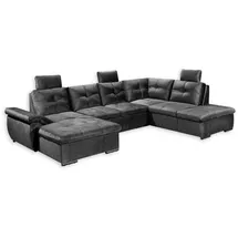 ed exciting design Wohnlandschaft ALIJA U-Form in Schwarz - Ausziehbares Sofa mit Schlaffunktion, Bettkasten & Verstellbarer Armlehne - 334 x 84 (107) x 217 cm (B/H/T)