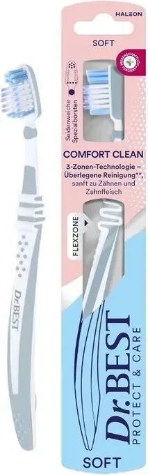 DR.BEST Comfort Clean Zahnbürste, Soft (1 Stück) – 3-Zonen-Technologie mit seidenweichen, angeschrägten & flachen Borsten für überlegene Reinigung