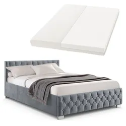 Juskys Polsterbett Nizza 140x200 cm – Matratze, Stauraum & LEDs - Samtbezug mit Steppung - Grau