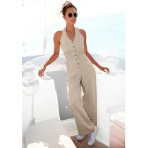 LASCANA Neckholder-Overall aus Leinen-Mix, sommerlicher Jumpsuit mit weitem Bein beige 36