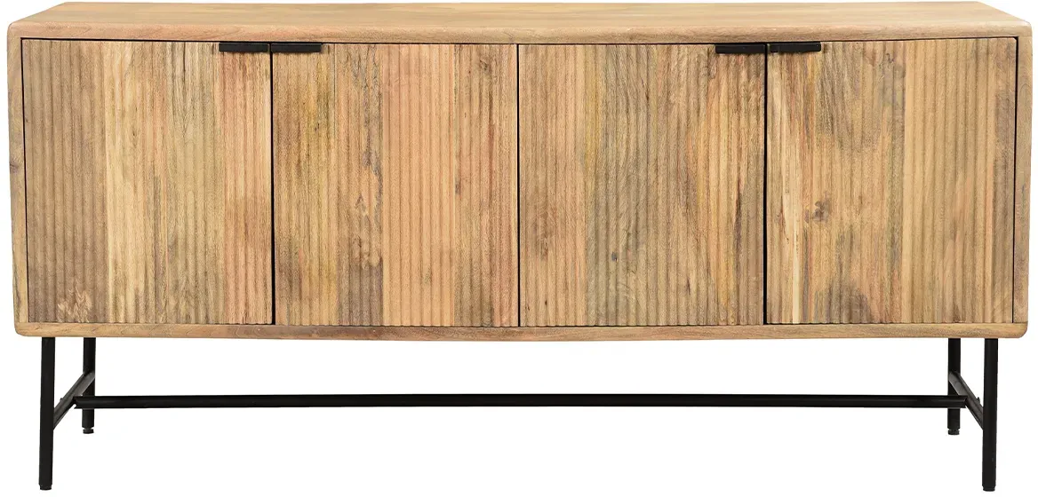 Sideboard aus massivem Mangoholz mit Gravuren und schwarzem Metall 4-türig B160 cm MORISSON