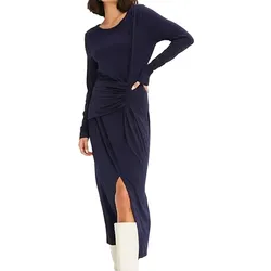 Damen Midi-Kleid Sommer-Kleid in Wickeloptik Freizeit-Kleid Langarm-Dress 952182 Dunkelblau - 40/42