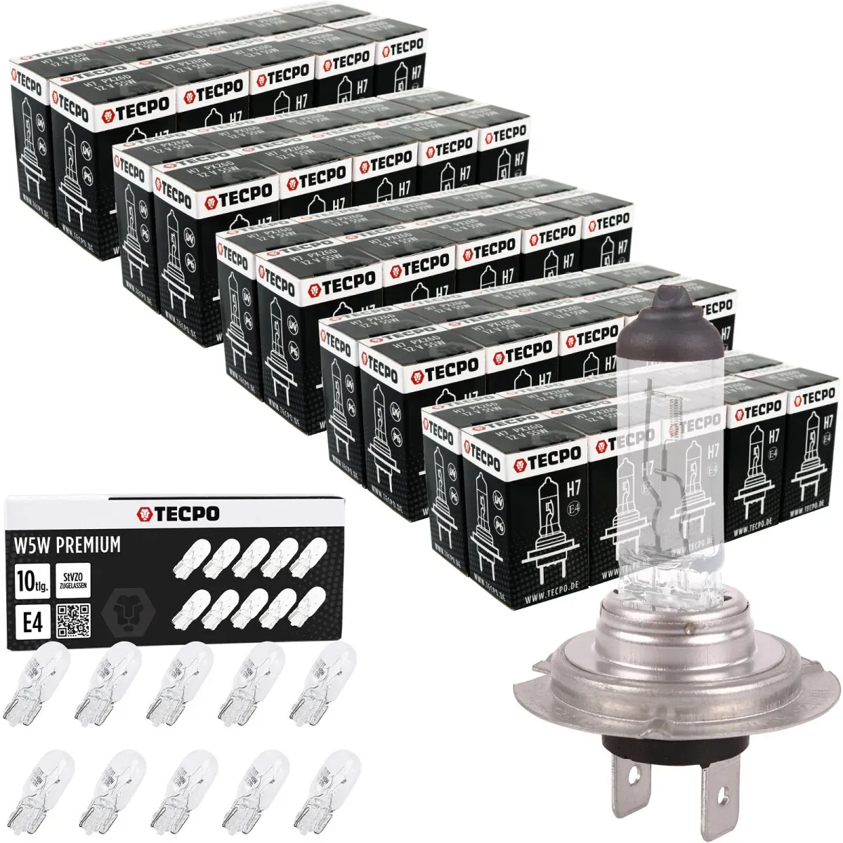 50x TECPO H7 Halogen Glühbirne 12V 55W - PX26d + 10x Glassockel