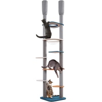 Yaheetech Katzenbaum deckenhoch XXL 241cm-262cm höhenverstellbar, Stabiler Kratzbaum Kletterbaum für Katzen, doppelt Pfosten mit 6 Sisalstämme 6 Plattformen Raumkapsel, Grau Blau Orange