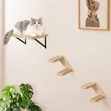 Katzen Kletterwand, Katzentreppe Wand 3er-Set mit 2 Stufen & Spielpodest, Wandmontiertes Massivholz Katzenwandmöbel Set für Klettern Spielen Schlafen