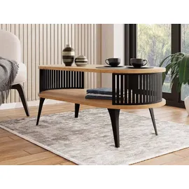 Mirjan24 Couchtisch Roenni Oval, Wohnzimmer Kaffeetisch, Beine und Seiten aus Stahl (Farbe: Schwarz / Eiche Craft Gold) - Braun