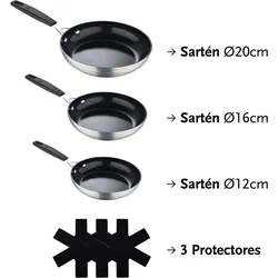 Masterpro - Set mit 3 Bratpfannen Ø12-Ø16-Ø20 cm und 3 antihaftbeschichteten Schutzvorrichtungen aus geschmiedetem Aluminium