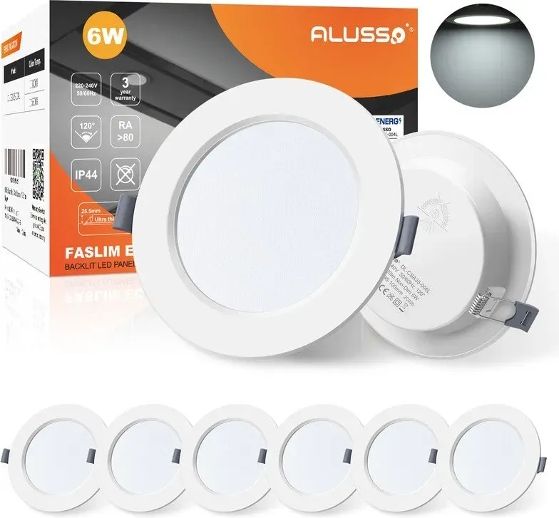 ALIPODLAX LED-Deckenstrahler, ultradünn, 6 W, 230 V, IP44, kaltweiß, 6500 K, Einbauleuchten, LED-Einbaudicke 25,5 mm, schlanke Deckenleuchte für Badezimmer und Wohnzimmer, 6er-Set [Energieeffizienzklasse F]