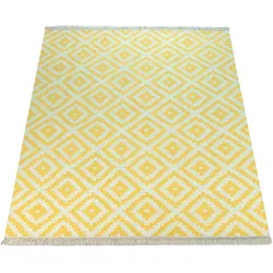 Wollteppich PACO HOME "Kenitra 500", gelb (gelb, weiß), B:160cm H:12mm L:230cm, Wolle, Teppiche, Fransenteppich, Flachgewebe, reine Wolle, handgewebt, Rauten Design, mit Fransen