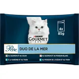 GOURMET | Perle | Duo des Meeres | ausgewachsene Katze | Lachs und Colin, Sardine und Thunfisch, Lachs und Weißfisch, Thunfisch und Ozeanfisch | Frischebeutel | 12 x (4 x 85 g)
