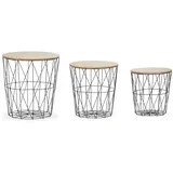 Relaxdays Korbtisch 3er Set, rund, Korb Beistelltisch Wohnzimmer, Metall & Holzoptik, 3 Größen, Drahtkorb-Tisch, schwarz