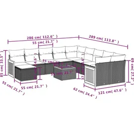 vidaXL 12-teiliges Gartensofa-Set mit Kissen, grau, Polyrattan - Grau