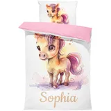 Pictogogo Süßes Pferd-Design Kinderbettwäsche für Mädchen und Jungen mit Namen, Personalisiert, Wählbare Baumwollunterfarbe (Weiß, Rosa, Blau, Grau), Oeko-TEX, 135 x 200 cm