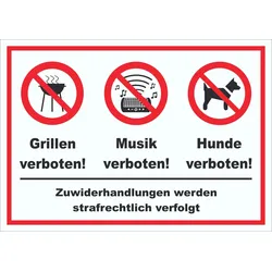 Grillen Musik Hund verboten Schild A3 Rückseite selbstklebend