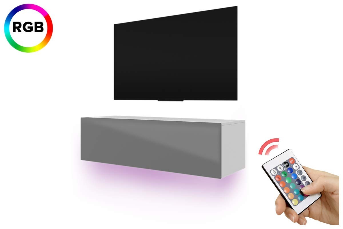 Selsey Skylara – Fernsehschrank / TV-Lowboard mit LED RGB Modern Hängend 140 cm (Weiß Matt / Grau Hochglanz)