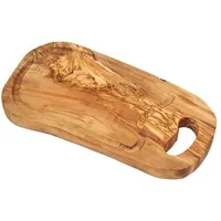 Olivenholz-erleben Steakbrett RUSTIKAL mit Grifflasche und Saftrille (L36-39 cm)