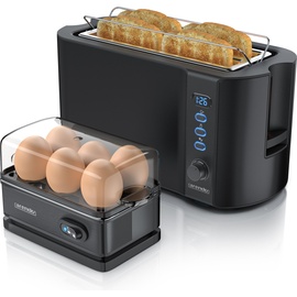 Arendo - Set Toaster FRUKOST mit Eierkocher SIXCOOK Edelstahl Schwarz, Toaster 4 Scheiben, LED-Display, 6 Bräunungsgrade, Brötchenhalter - Eierkocher