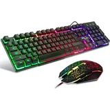 Gaming Tastatur und Maus Set, LED Hintergrundbeleuchtung QWERTZ DE Layout,Regenbogen Farben Beleuchtete USB Wasserdicht mit 2400 DPI für Pro PC Gamer - Schwarz