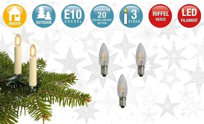 Hellum LED-Riffelkerze E10 12V/0,3W Warmweiß 3er Blister