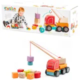 Cubika 13982 - Holzspielzeug Kranwagen mit magnetischen Figuren, buntes Motorikspielzeug, Kinderspielzeug ab 18 Monaten