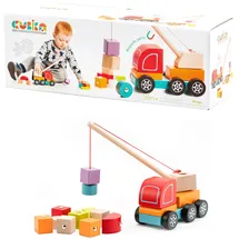 Cubika 13982 - Holzspielzeug Kranwagen mit magnetischen Figuren, buntes Motorikspielzeug, Kinderspielzeug ab 18 Monaten