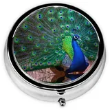 Schöne runde Pillendose mit Pfauenmotiv, 5,1 x 5,1 x 1,8 cm