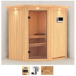 Karibu Sauna Tomke, BxTxH: 184 x 165 x 202 cm, 68 mm, (Set) 3,6-kW-Bio-Plug & Play Ofen mit externer Steuerung beige