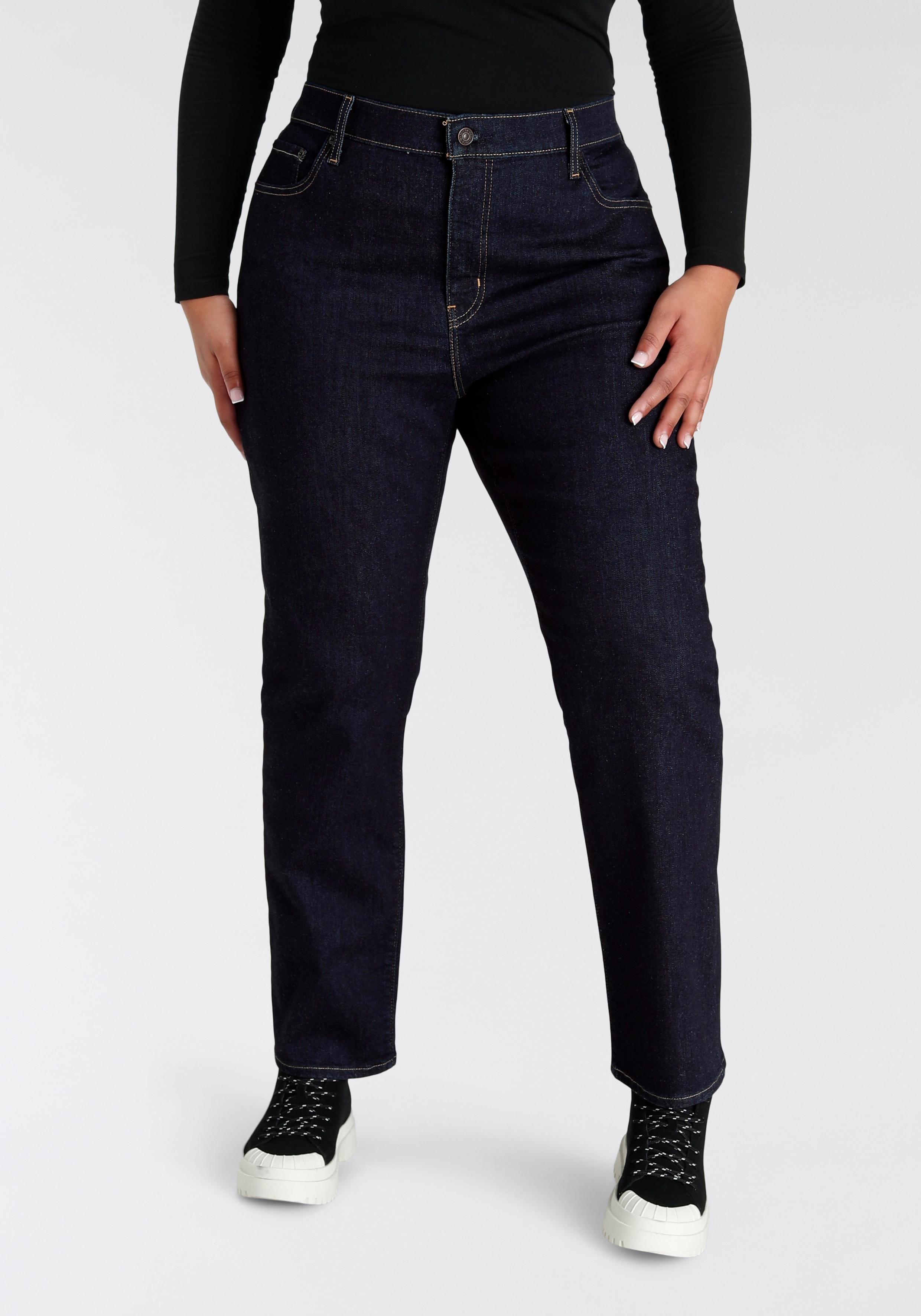Straight-Jeans LEVI'S PLUS "724 PL HR STRAIGHT" Gr. 14 (44), Länge 32, schwarz (dark rinse) Damen Jeans Gerade